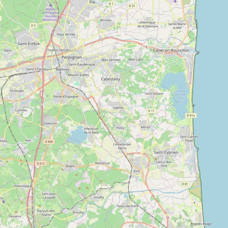 Carte du Roussillon : Bages, au sud de Perpignan, entre la plaine et la Méditerranée.